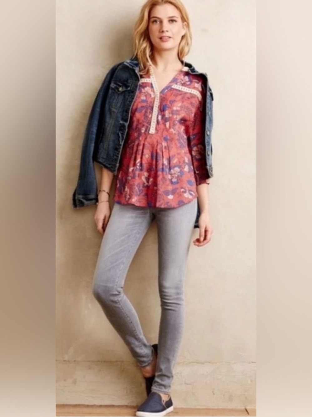 Maeve by Anthropologie Mauve Floral Boho Peplum Blouse 100% Cotton Crochet Trim